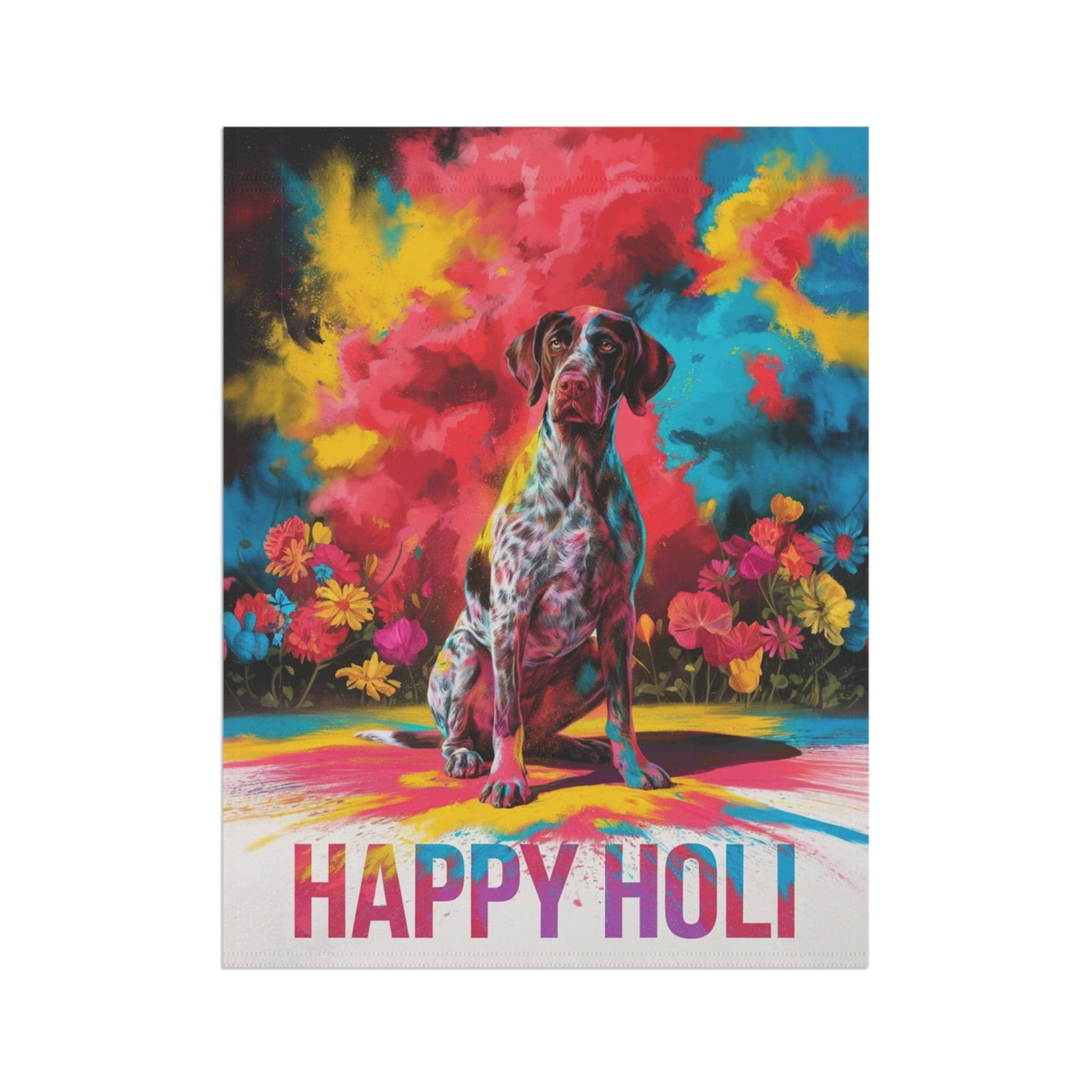 Printify Home Decor German shorthaired pointer Holi Garden Flag, Indian Spring Festival, Dog Lovers Yard Outside Decor