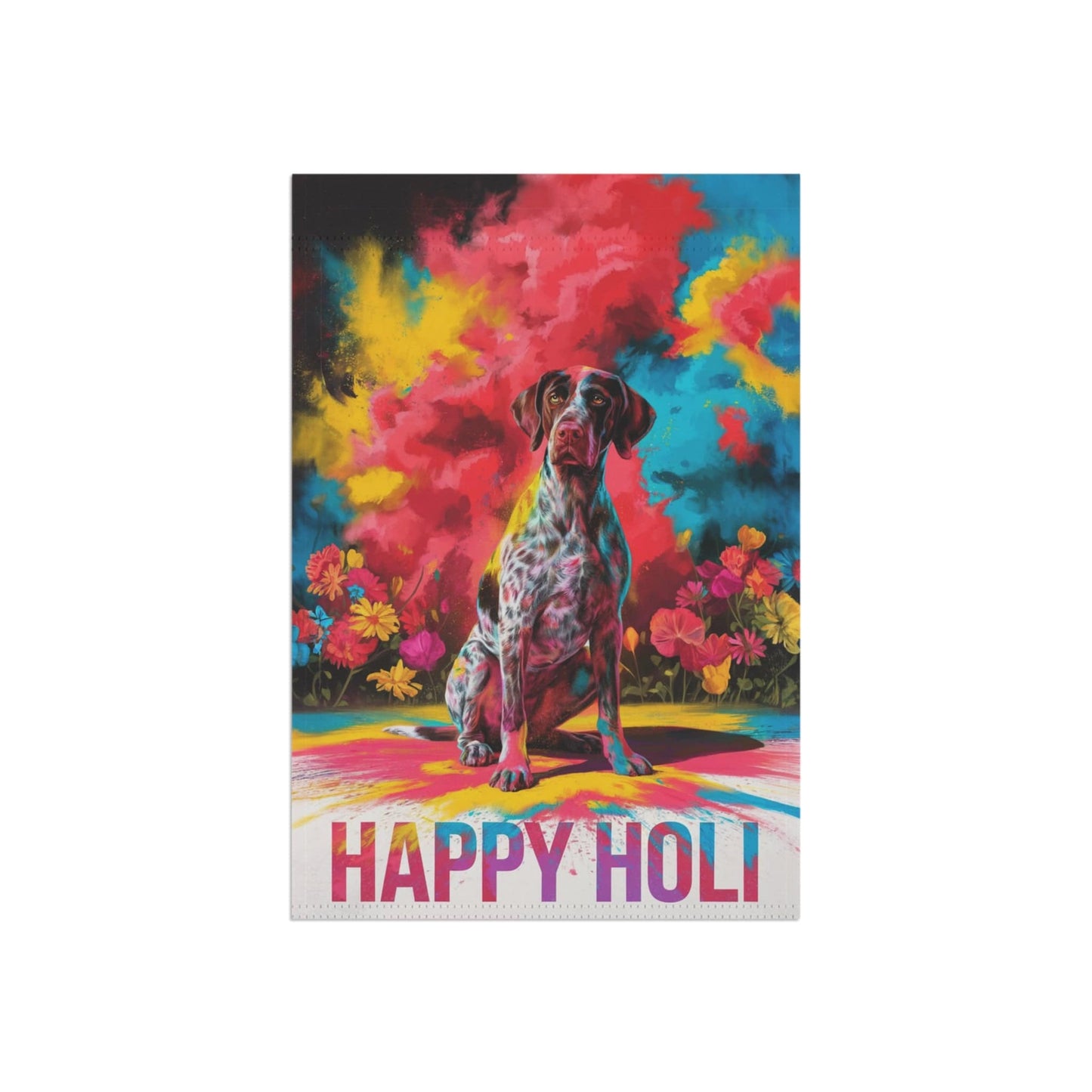 Printify Home Decor German shorthaired pointer Holi Garden Flag, Indian Spring Festival, Dog Lovers Yard Outside Decor