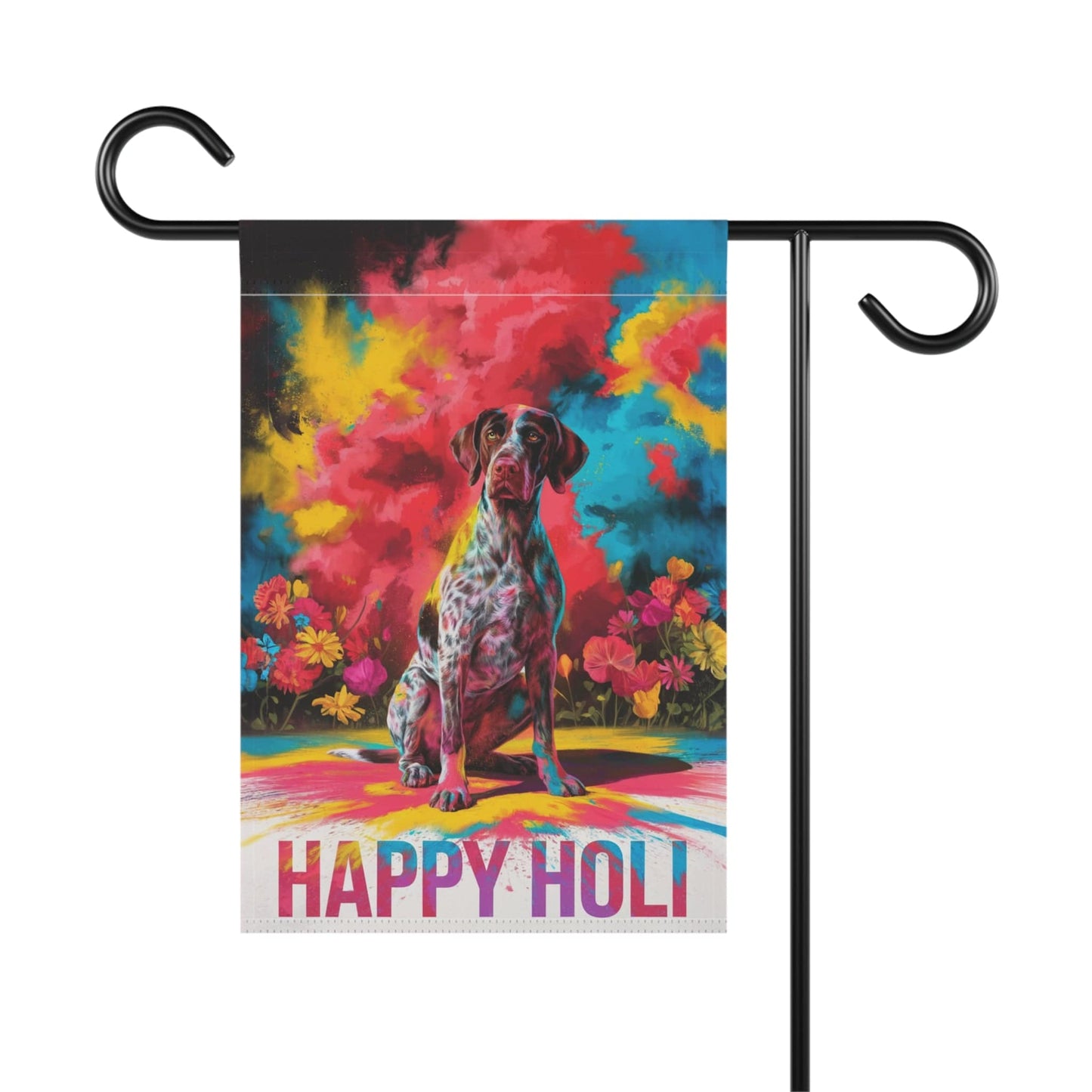 Printify Home Decor German shorthaired pointer Holi Garden Flag, Indian Spring Festival, Dog Lovers Yard Outside Decor