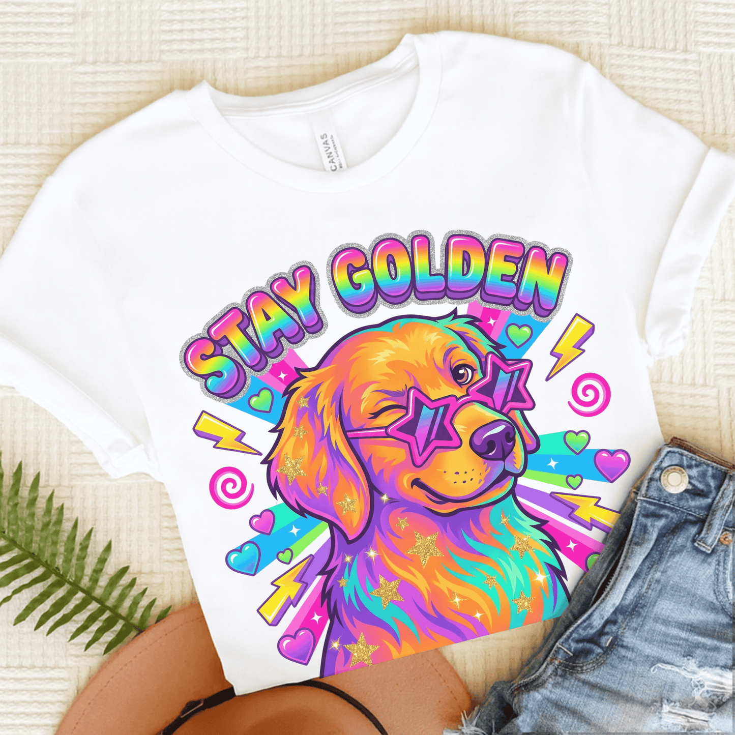 Golden Retriever 90s Neon Stay Goldie Unisex TShirt White