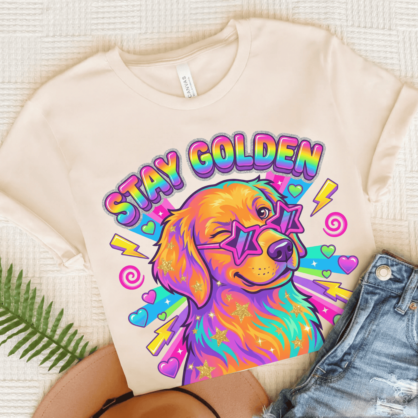 Golden Retriever 90s Neon Stay Goldie Unisex TShirt Natural