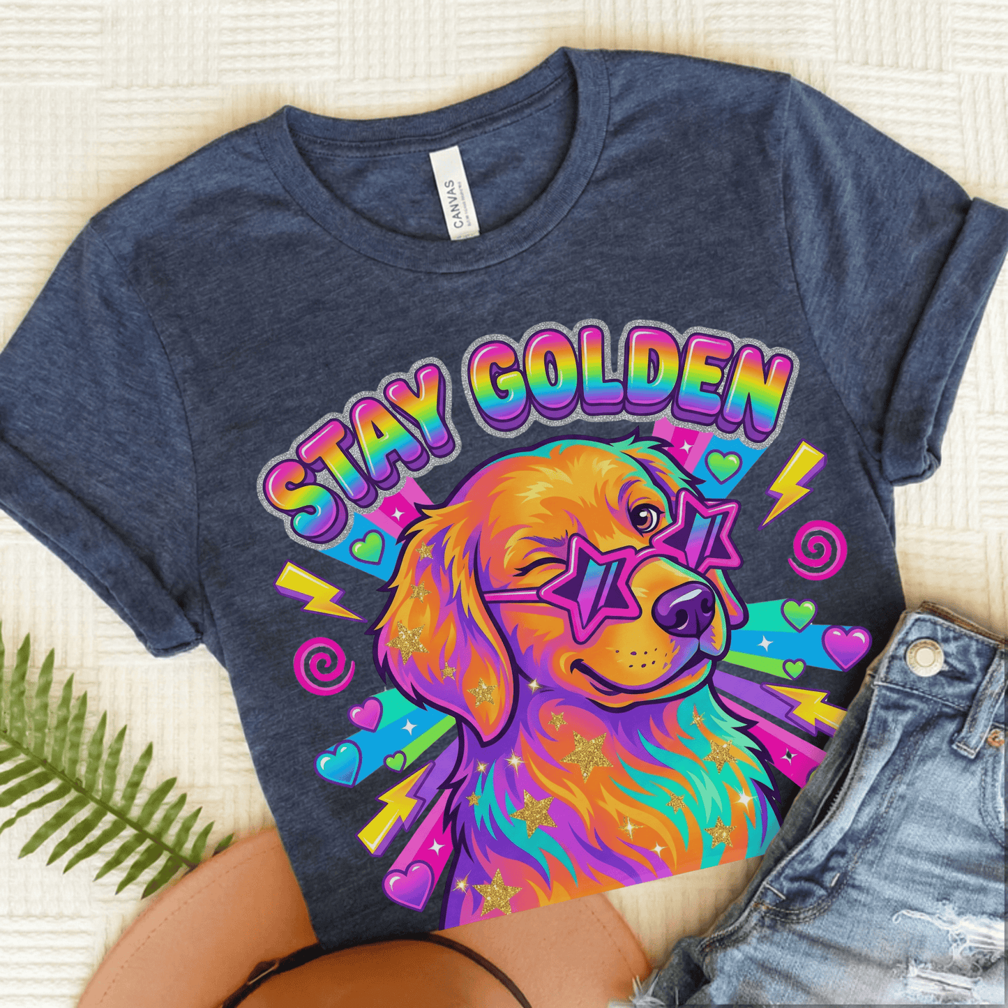 Golden Retriever 90s Neon Stay Goldie Unisex TShirt Heather Navy