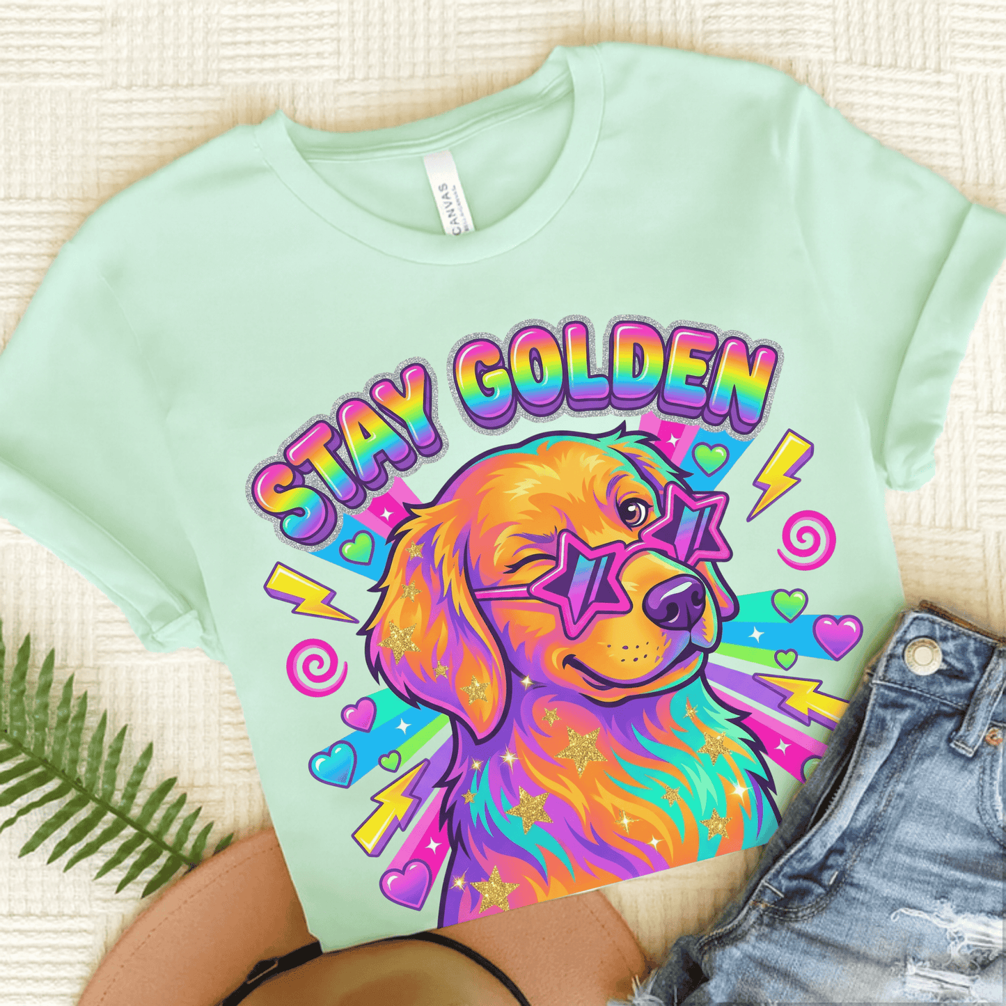 Golden Retriever 90s Neon Stay Goldie Unisex TShirt Heather Mint