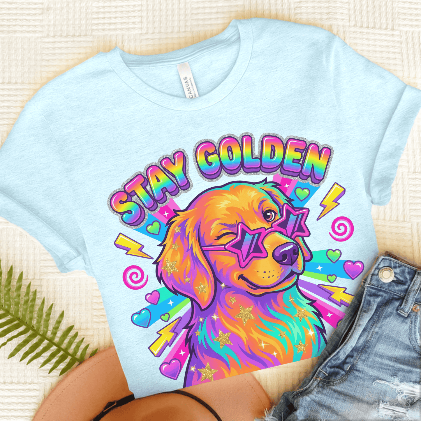 Golden Retriever 90s Neon Stay Goldie Unisex TShirt Heather Ice Blue
