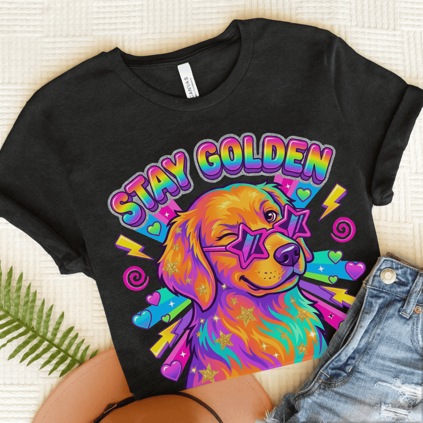 Golden Retriever 90s Neon Stay Goldie Unisex TShirt Dark Grey Heather