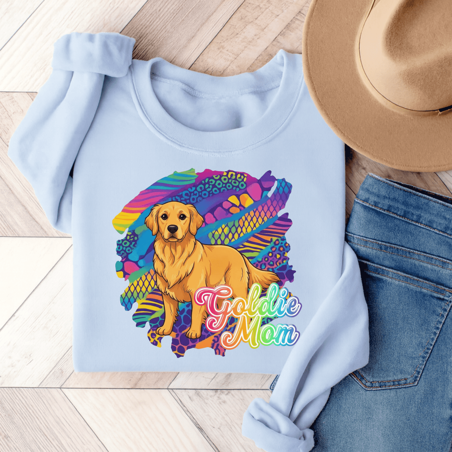 Golden Retriever 90s Neon Sweatshirt Light Blue