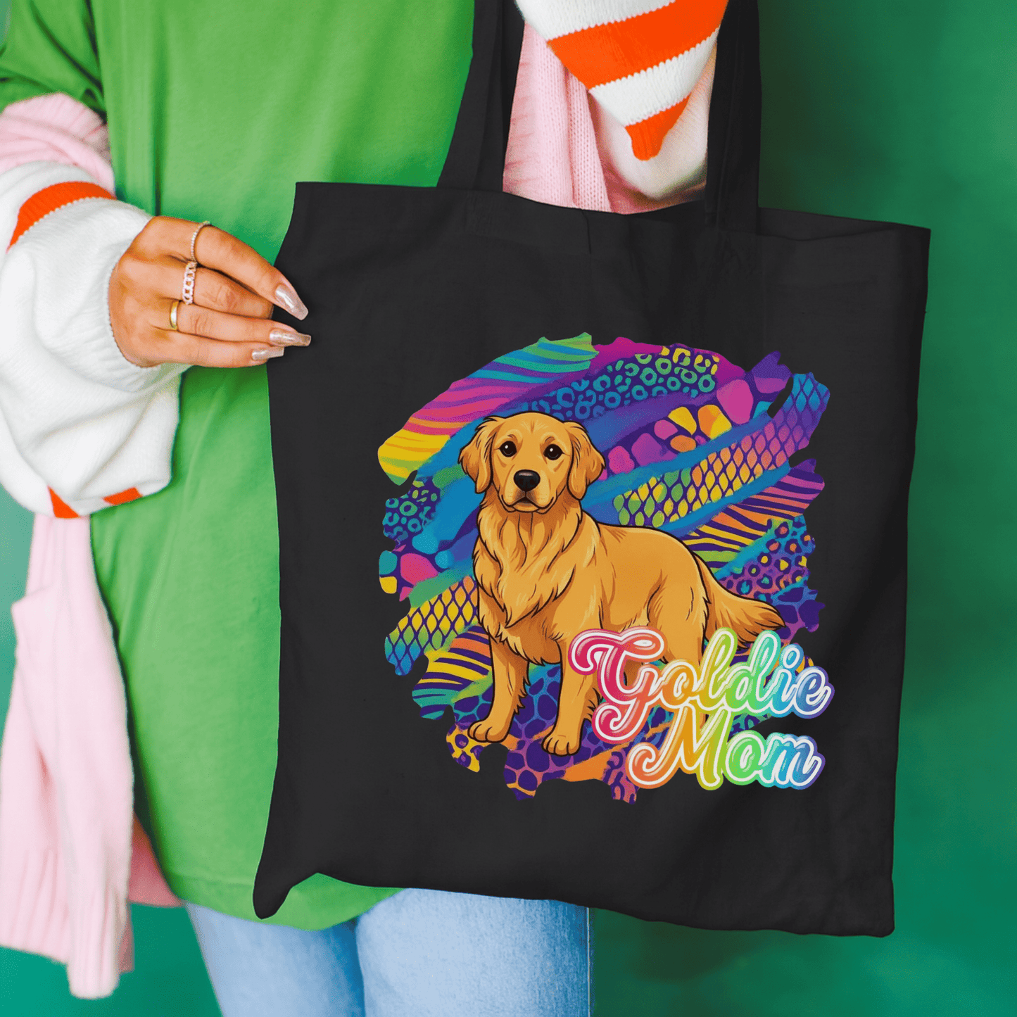 Golden Retriever 90s Neon Tote Bag Black 15" x 16"