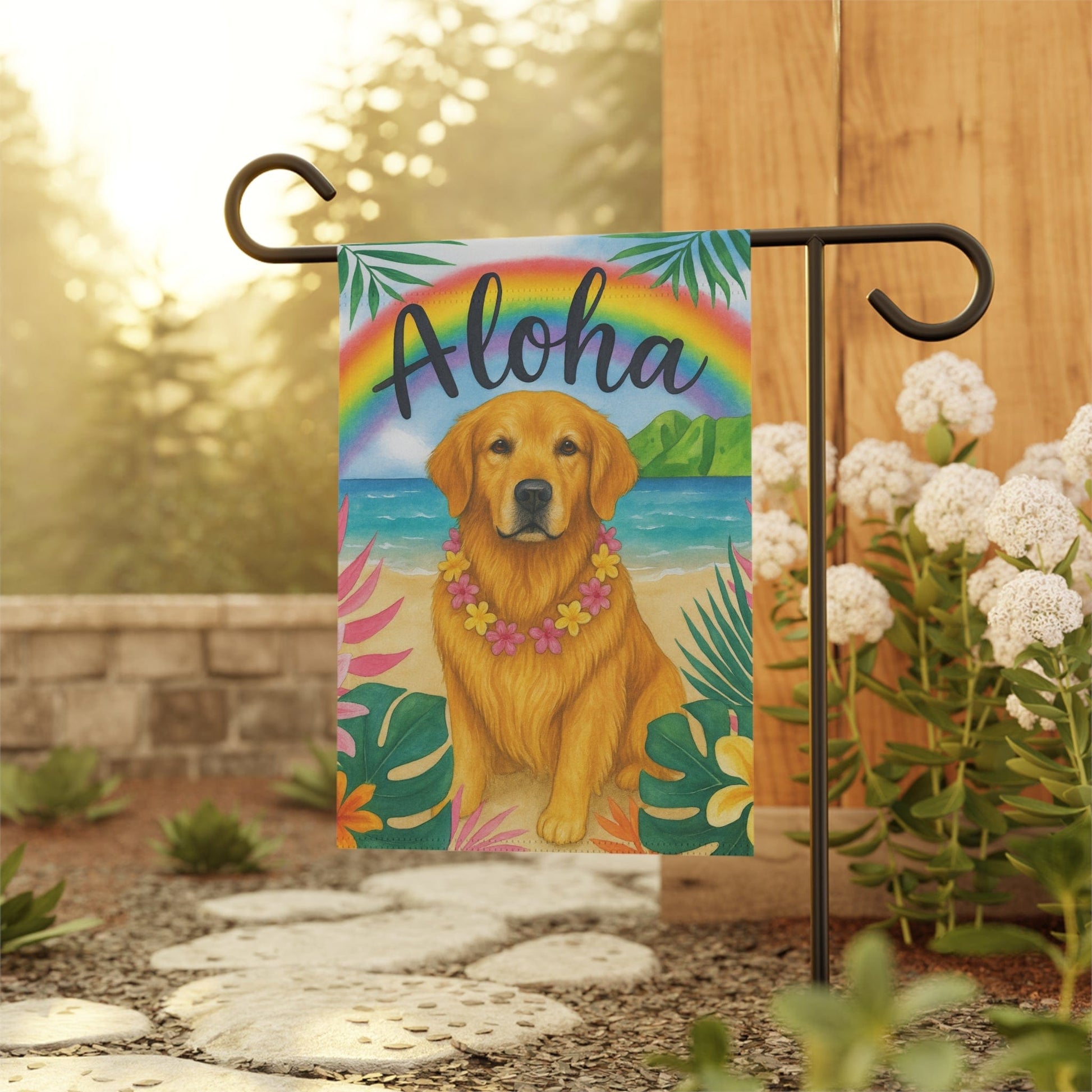 Golden Retriever Aloha Luau Garden Flag