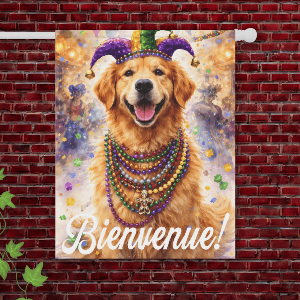 Golden Retriever Bienvenue Mardi Gras Yard Flag 24.5'' × 32''