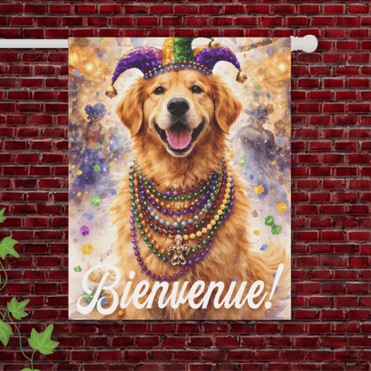 Golden Retriever Bienvenue Mardi Gras Yard Flag 24.5'' × 32''
