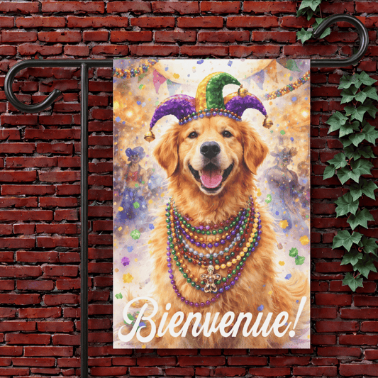 Golden Retriever Bienvenue Mardi Gras Yard Flag 12'' × 18''