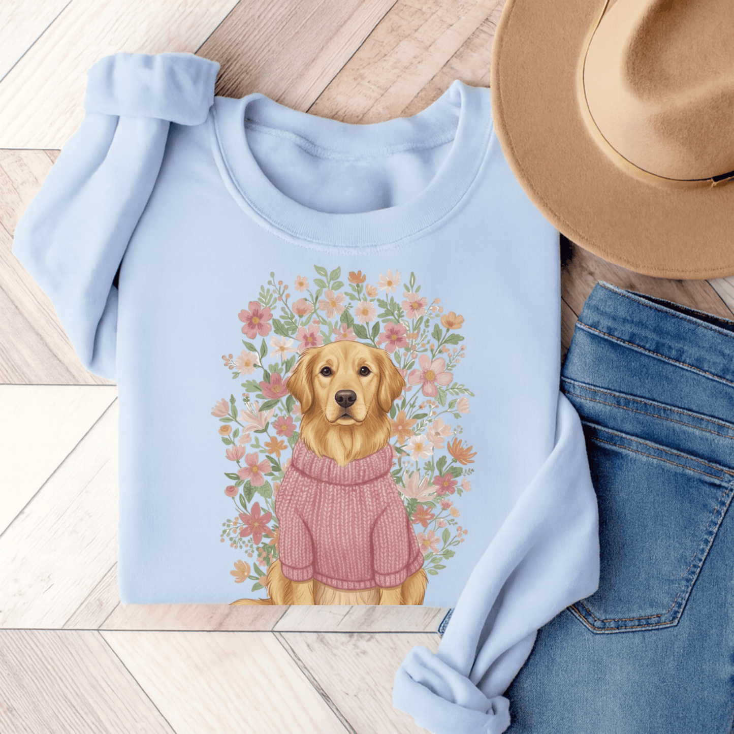 Golden Retriever Bouquet Unisex Sweatshirt Light Blue
