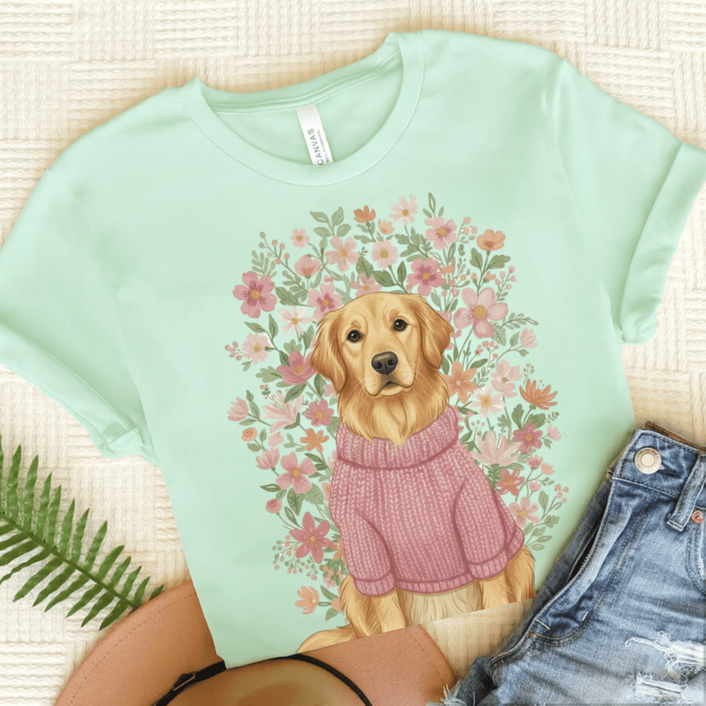 Golden Retriever Bouquet Unisex Tshirt Heather Mint