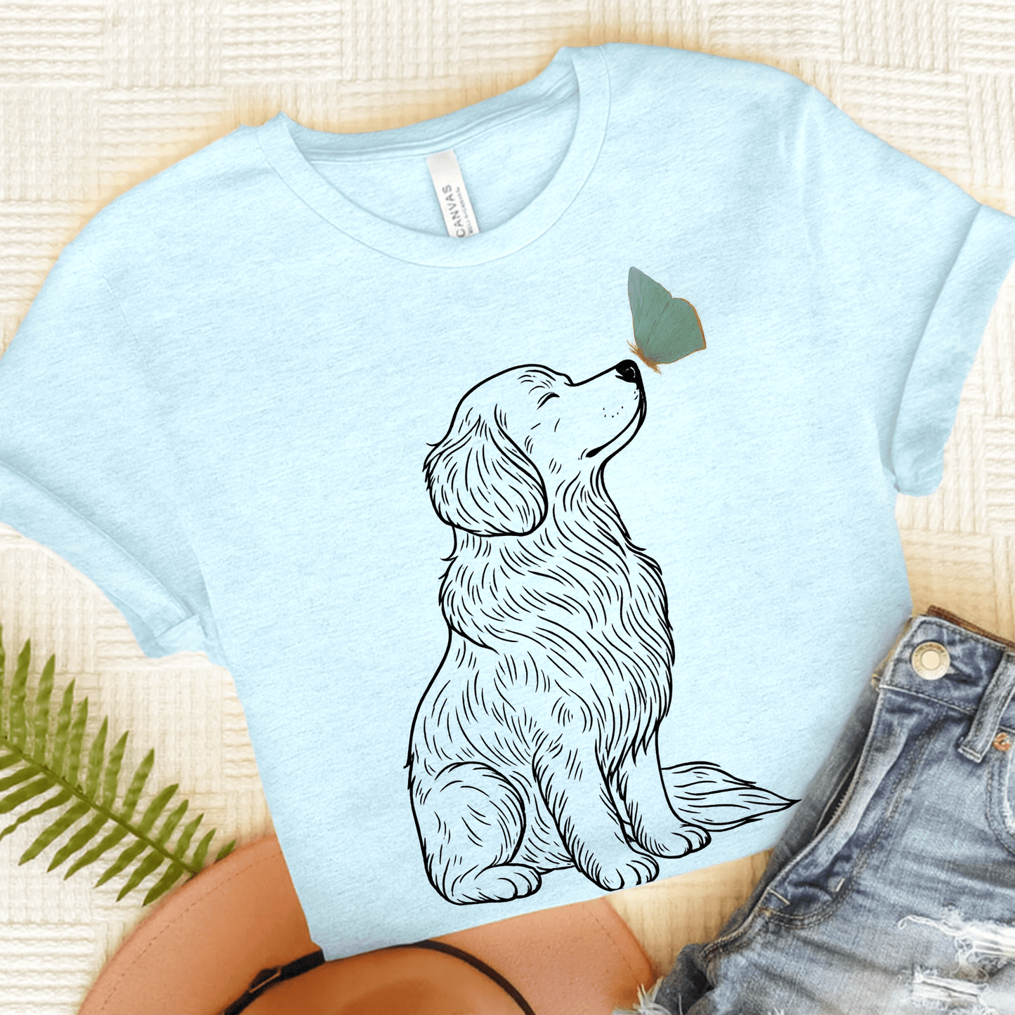 Golden Retriever Butterfly TShirt Heather Ice Blue