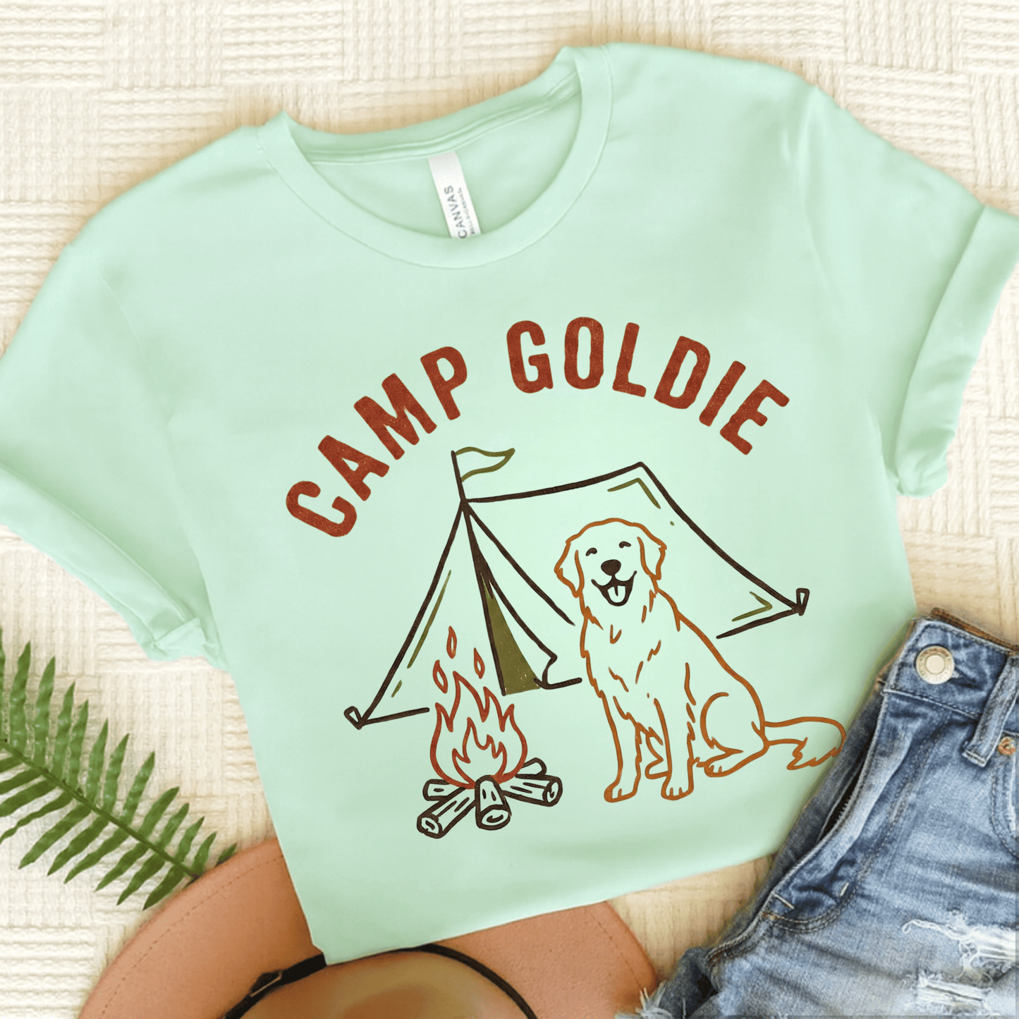 Golden Retriever Camp Goldie Unisex Tshirt Heather Mint