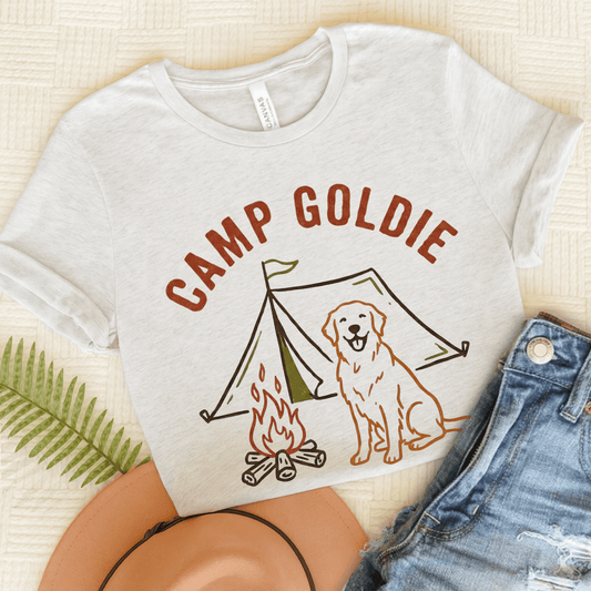 Golden Retriever Camp Goldie Unisex Tshirt Ash