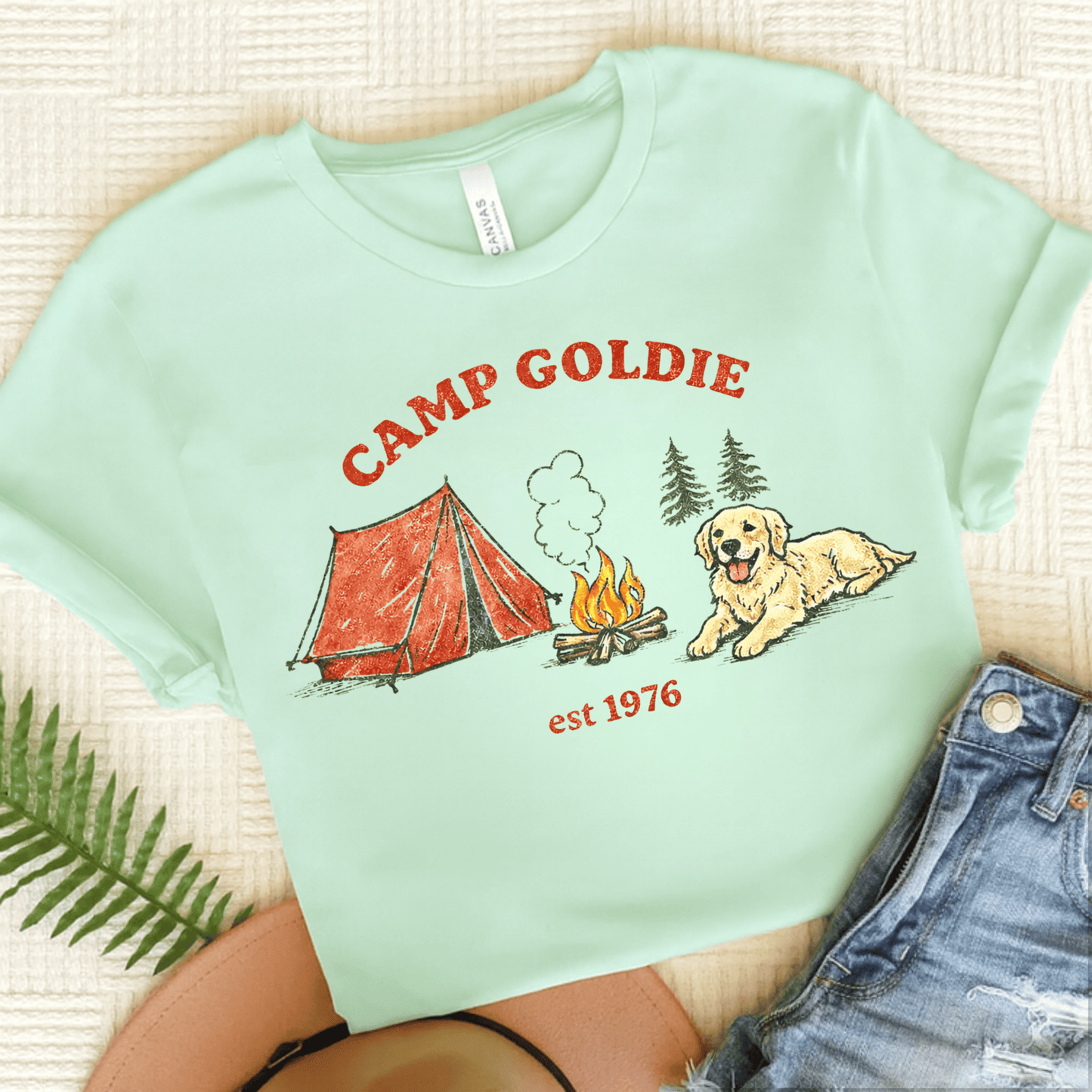 Golden Retriever Camp Goldie Unisex Tshirt Heather Mint