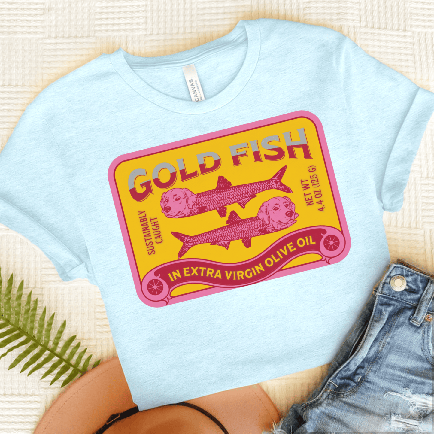Golden Retriever Can of Gold Fish Unisex Tshirt Heather Ice Blue