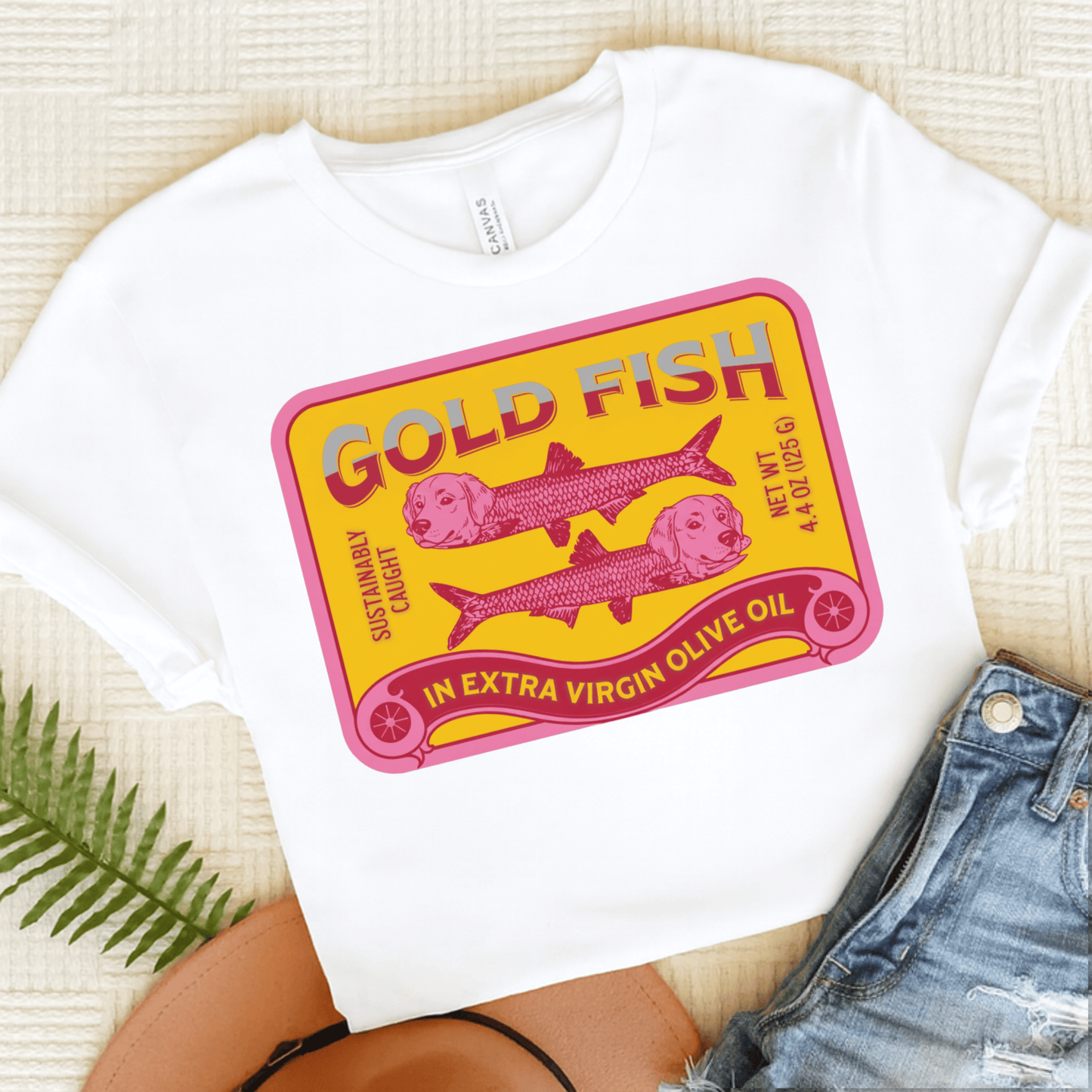 Golden Retriever Can of Gold Fish Unisex Tshirt White