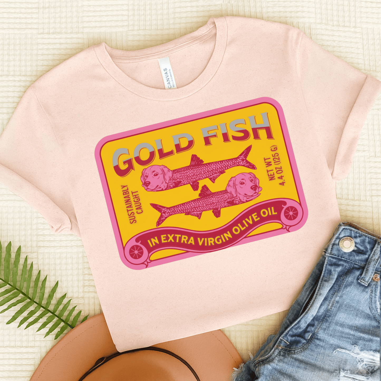 Golden Retriever Can of Gold Fish Unisex Tshirt Soft Pink