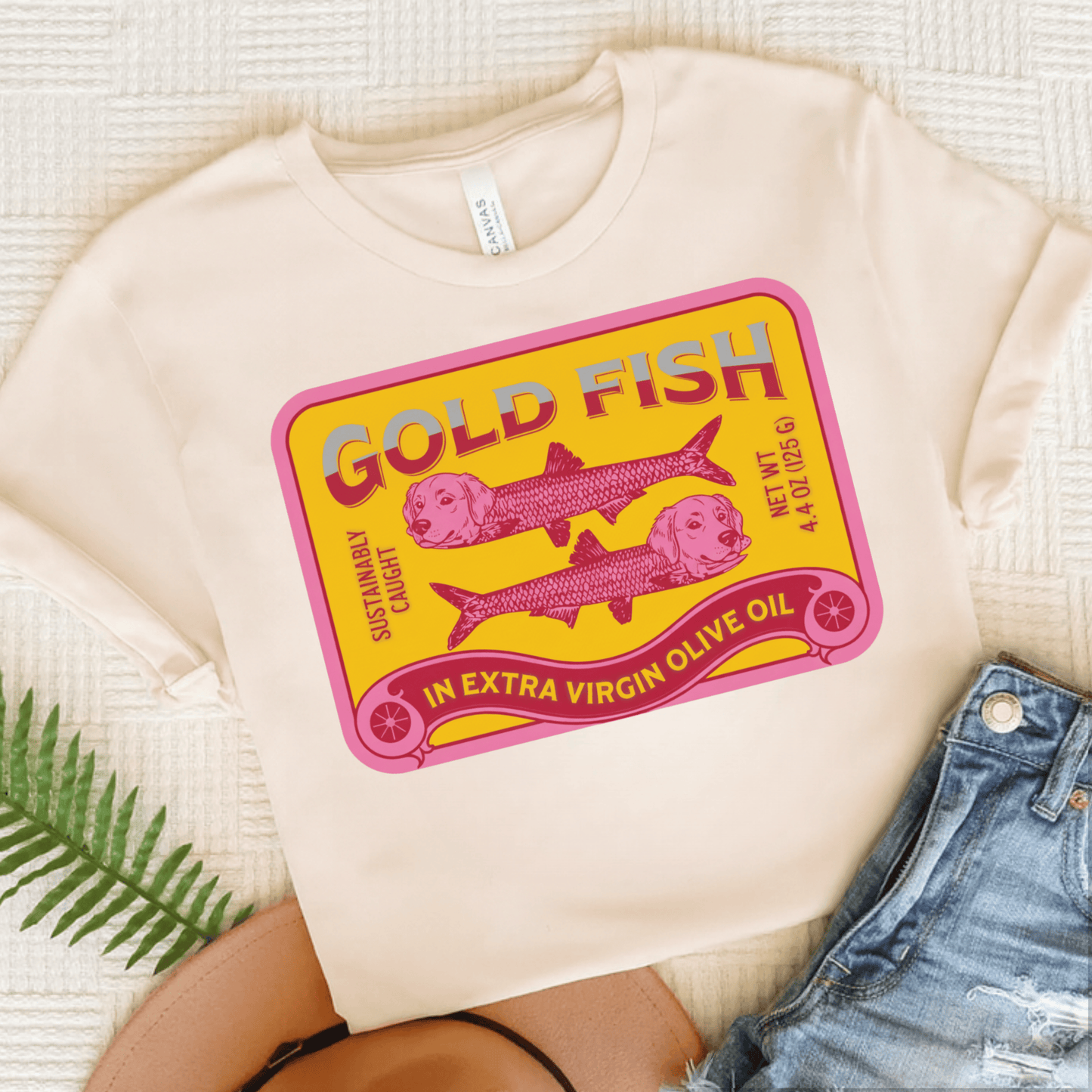 Golden Retriever Can of Gold Fish Unisex Tshirt Natural