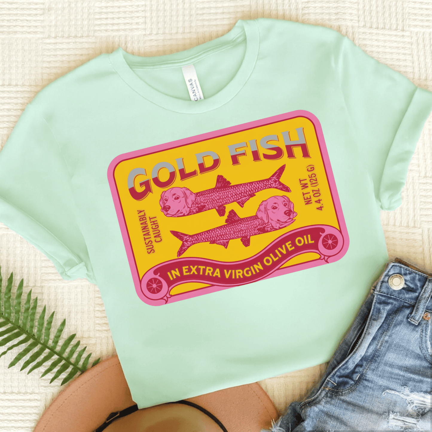 Golden Retriever Can of Gold Fish Unisex Tshirt Heather Mint