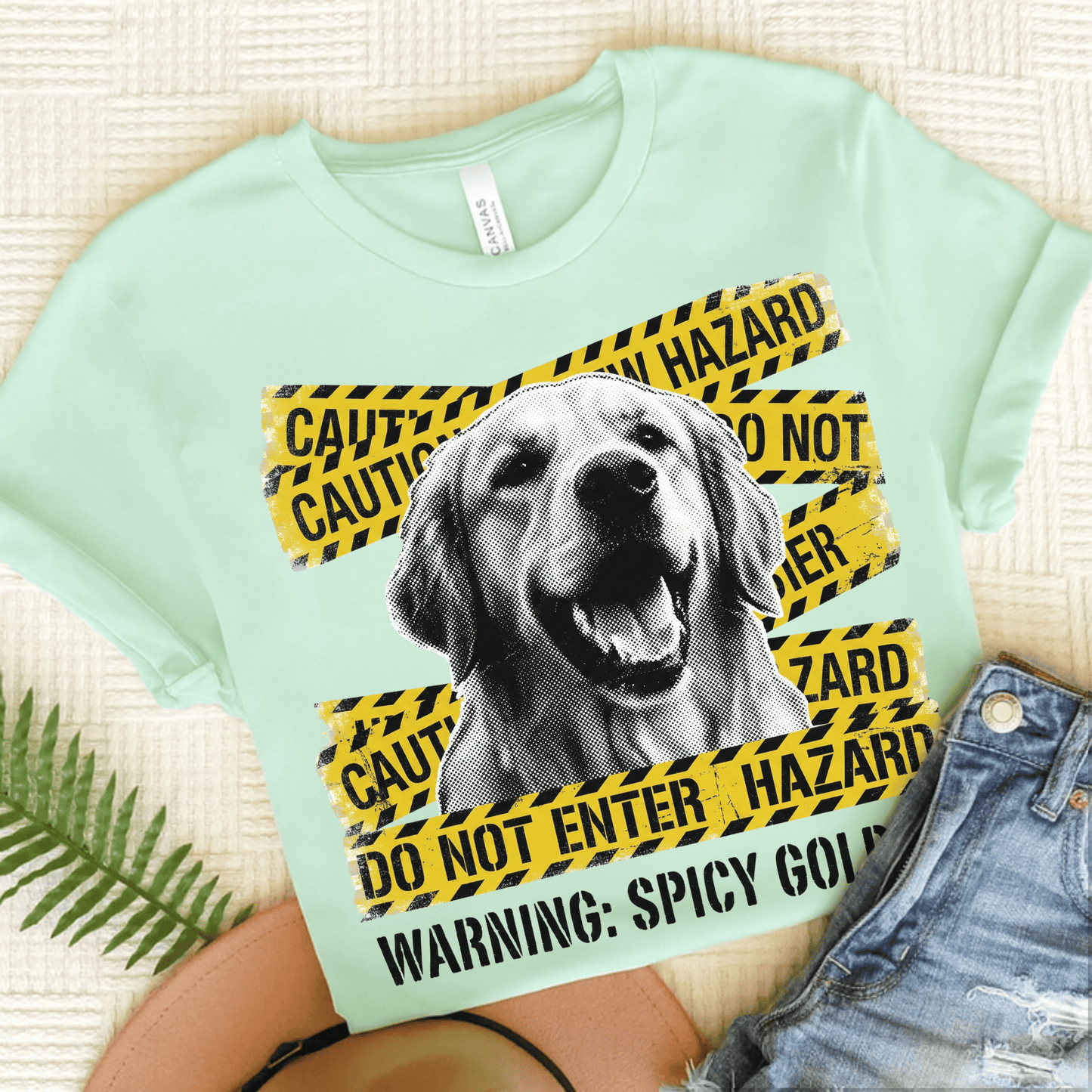 Golden Retriever Caution Tape Unisex Tshirt Heather Mint