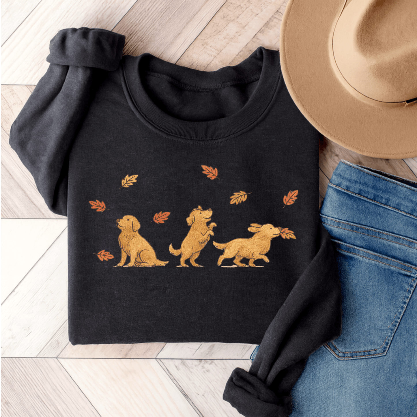 Golden Retriever Chasing Leaves Unisex Sweatshirt Dark Heather