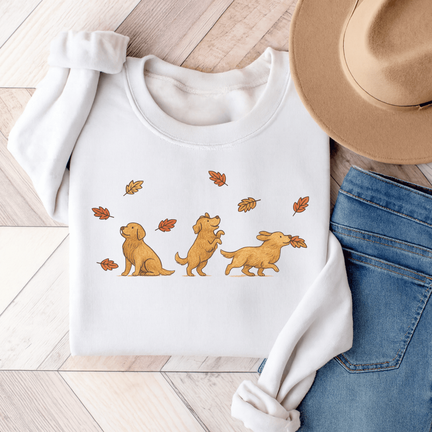 Golden Retriever Chasing Leaves Unisex Sweatshirt White