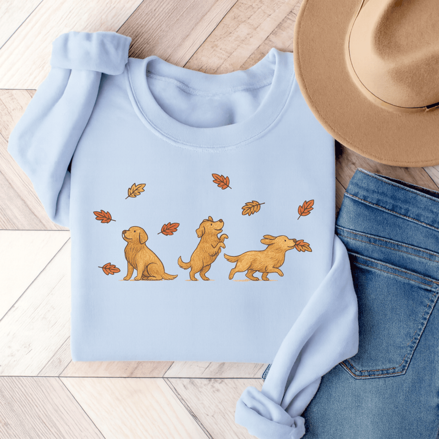 Golden Retriever Chasing Leaves Unisex Sweatshirt Light Blue