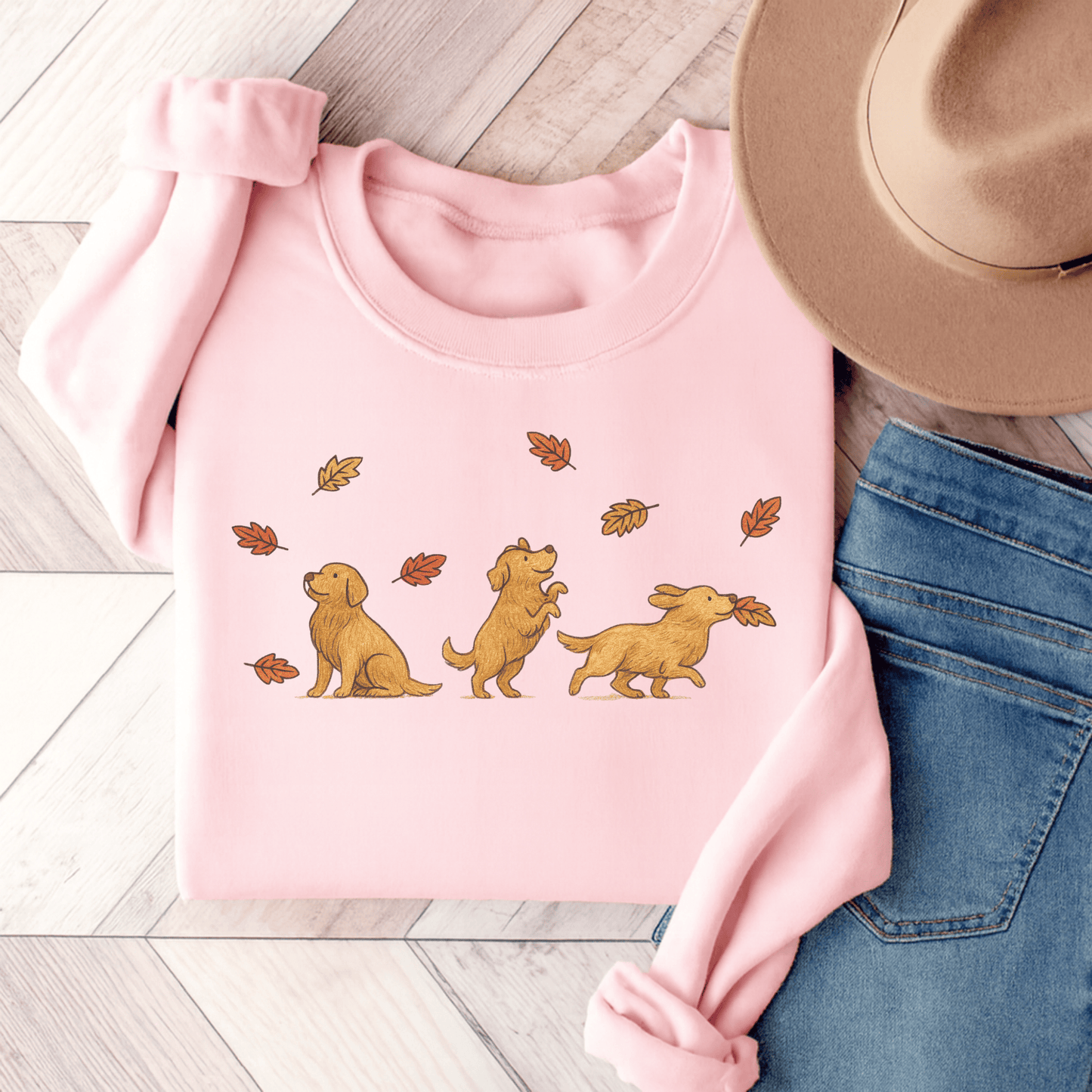 Golden Retriever Chasing Leaves Unisex Sweatshirt Light Pink