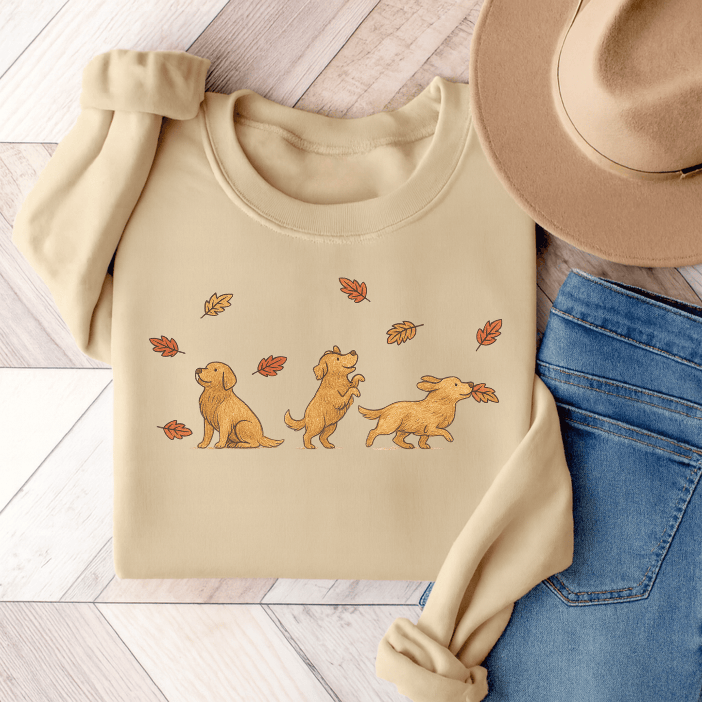 Golden Retriever Chasing Leaves Unisex Sweatshirt Sand