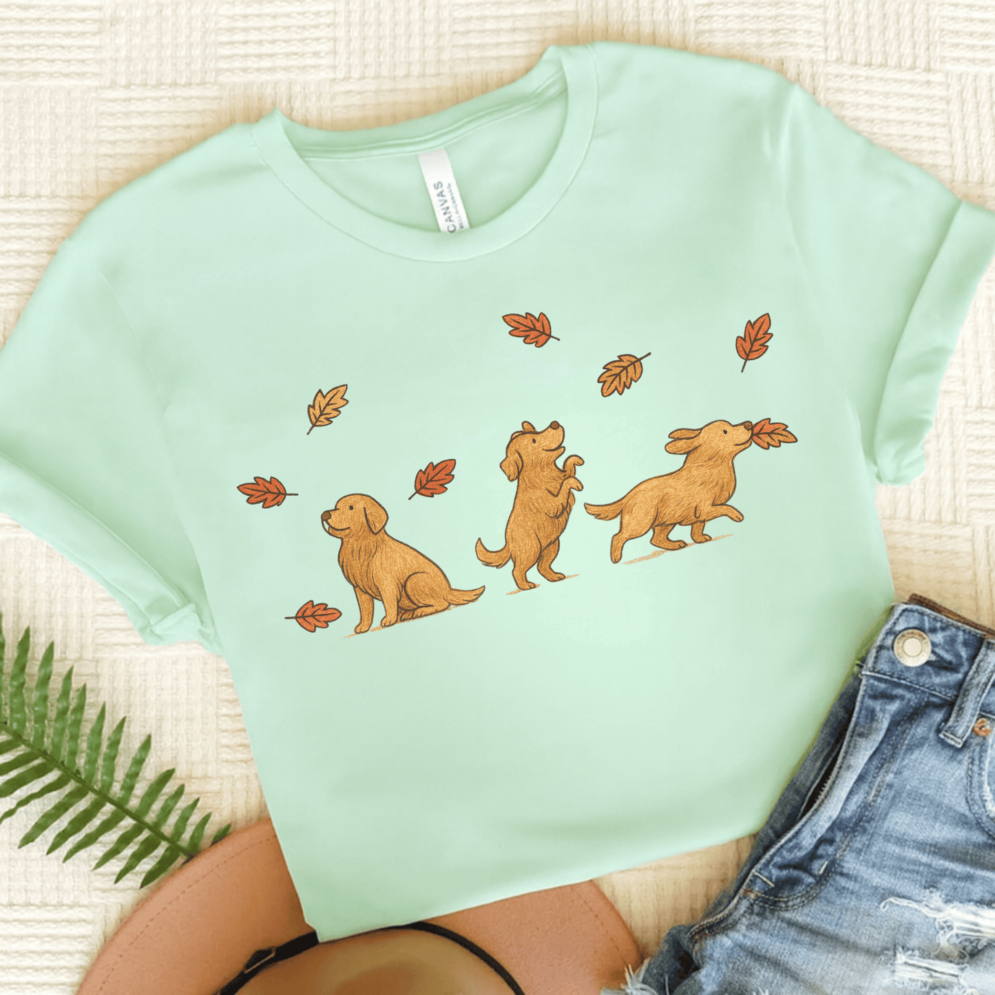 Golden Retriever Chasing Leaves Unisex TShirt Heather Mint