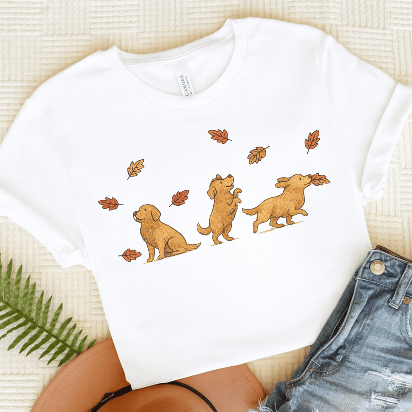 Golden Retriever Chasing Leaves Unisex TShirt White