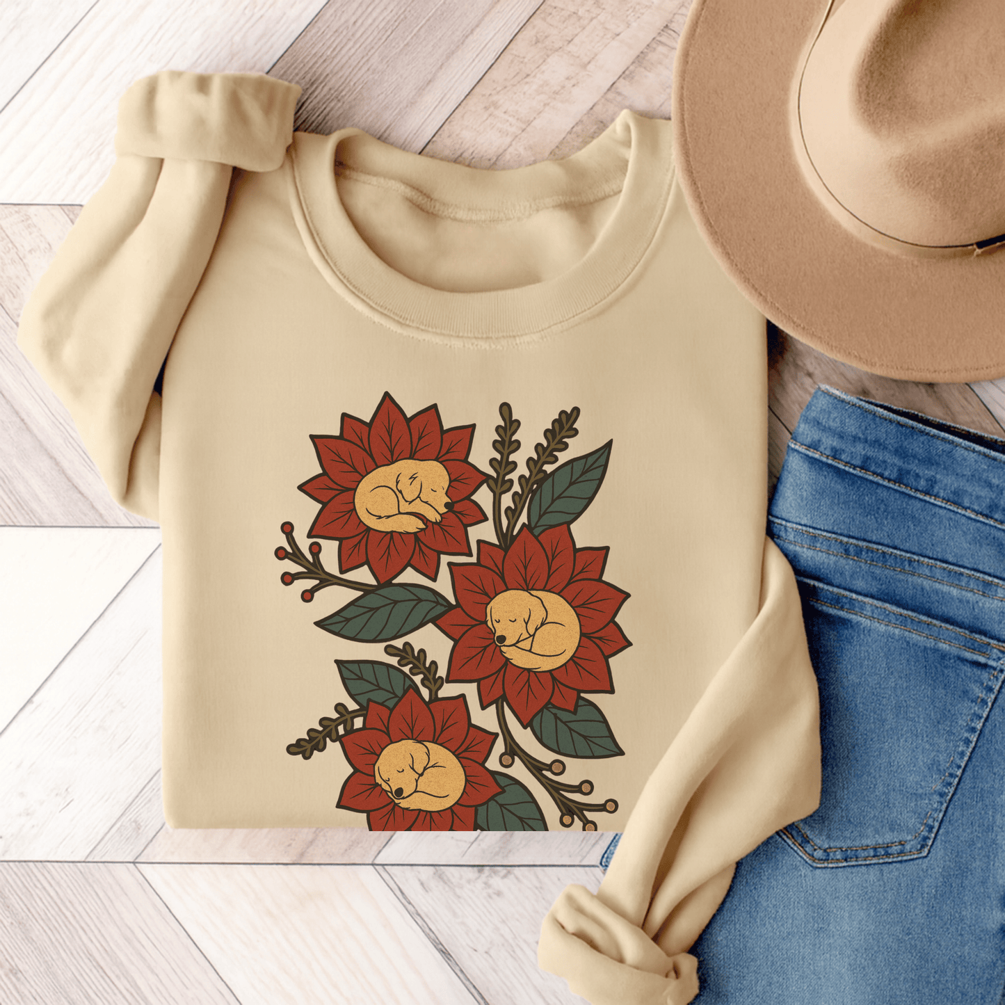 Golden Retriever Christmas Flower Unisex Sweatshirt Sand