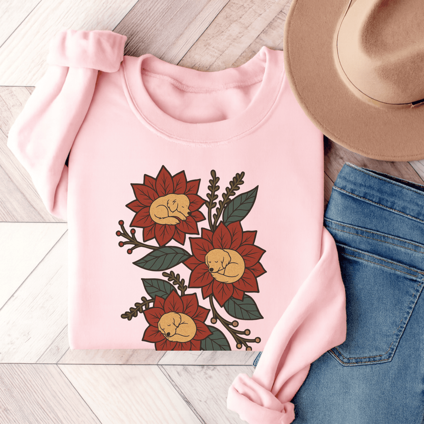 Golden Retriever Christmas Flower Unisex Sweatshirt Light Pink