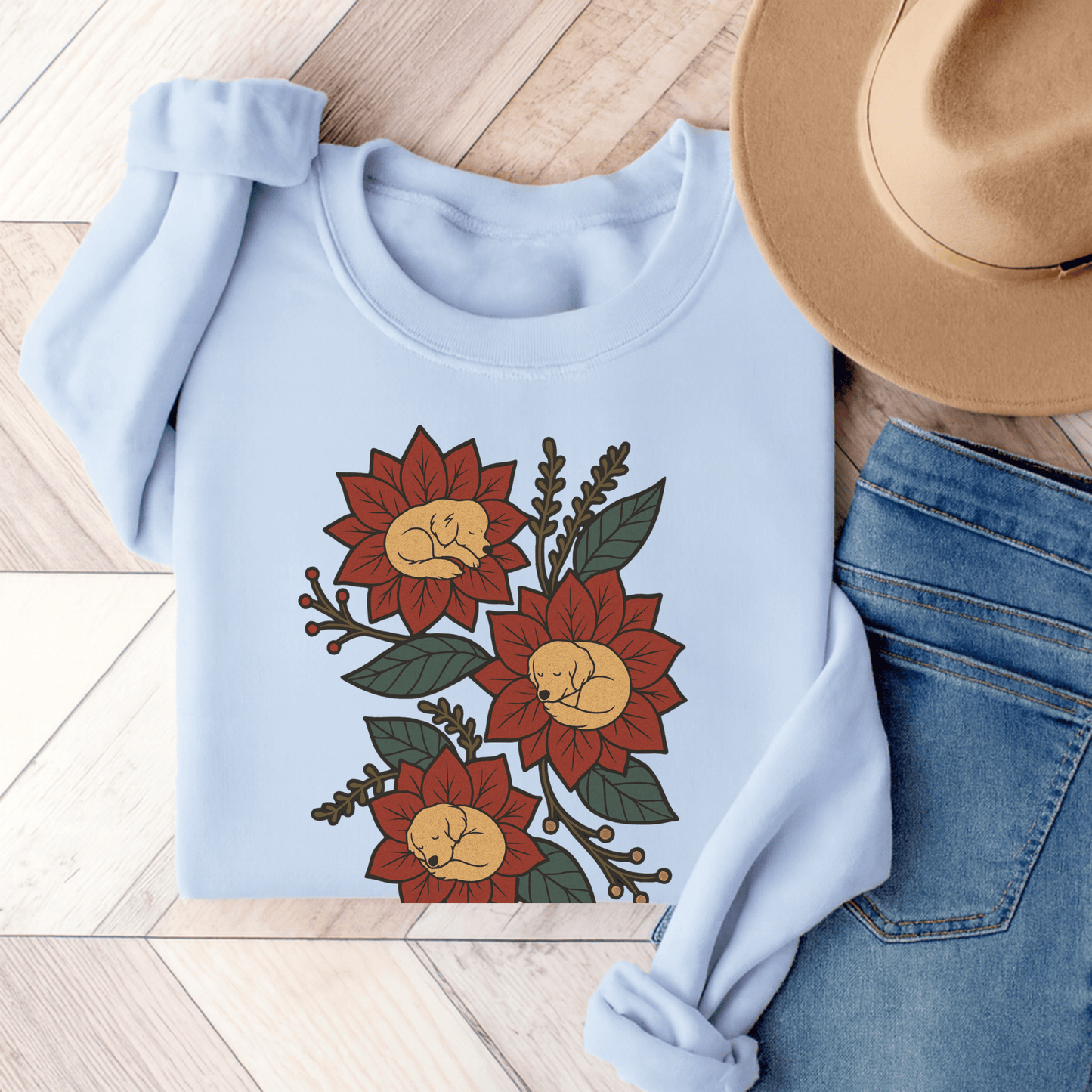 Golden Retriever Christmas Flower Unisex Sweatshirt Light Blue