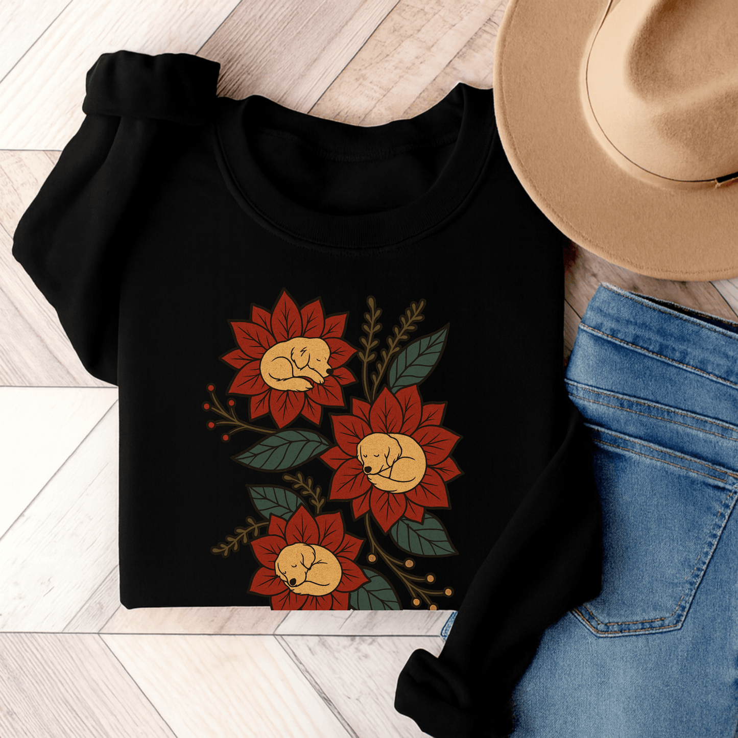 Golden Retriever Christmas Flower Unisex Sweatshirt Black