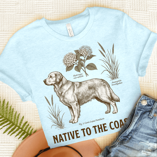 Golden Retriever Coastal Living Unisex Tshirt Heather Ice Blue