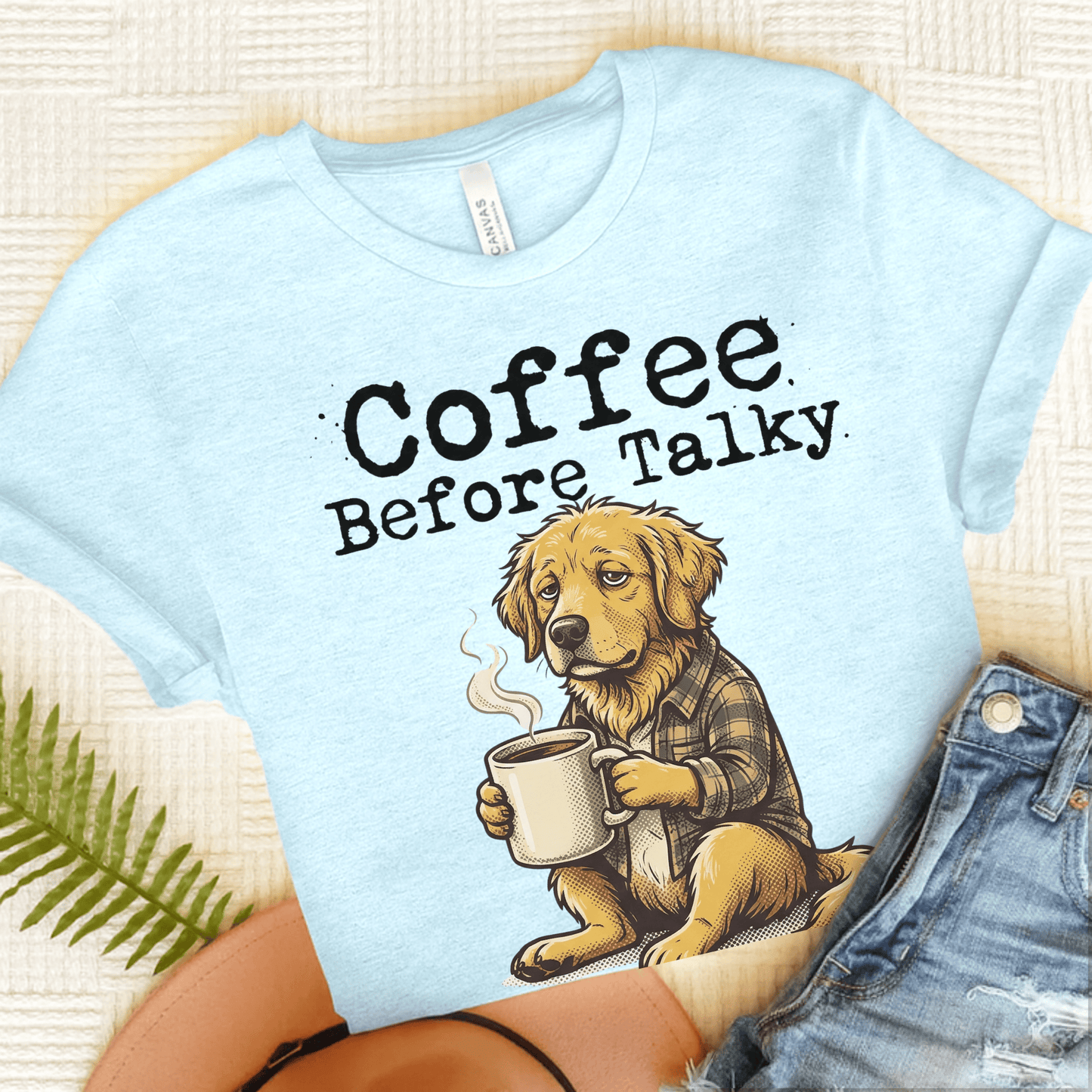 Golden Retriever Coffee Before Talky Unisex Tshirt Heather Ice Blue