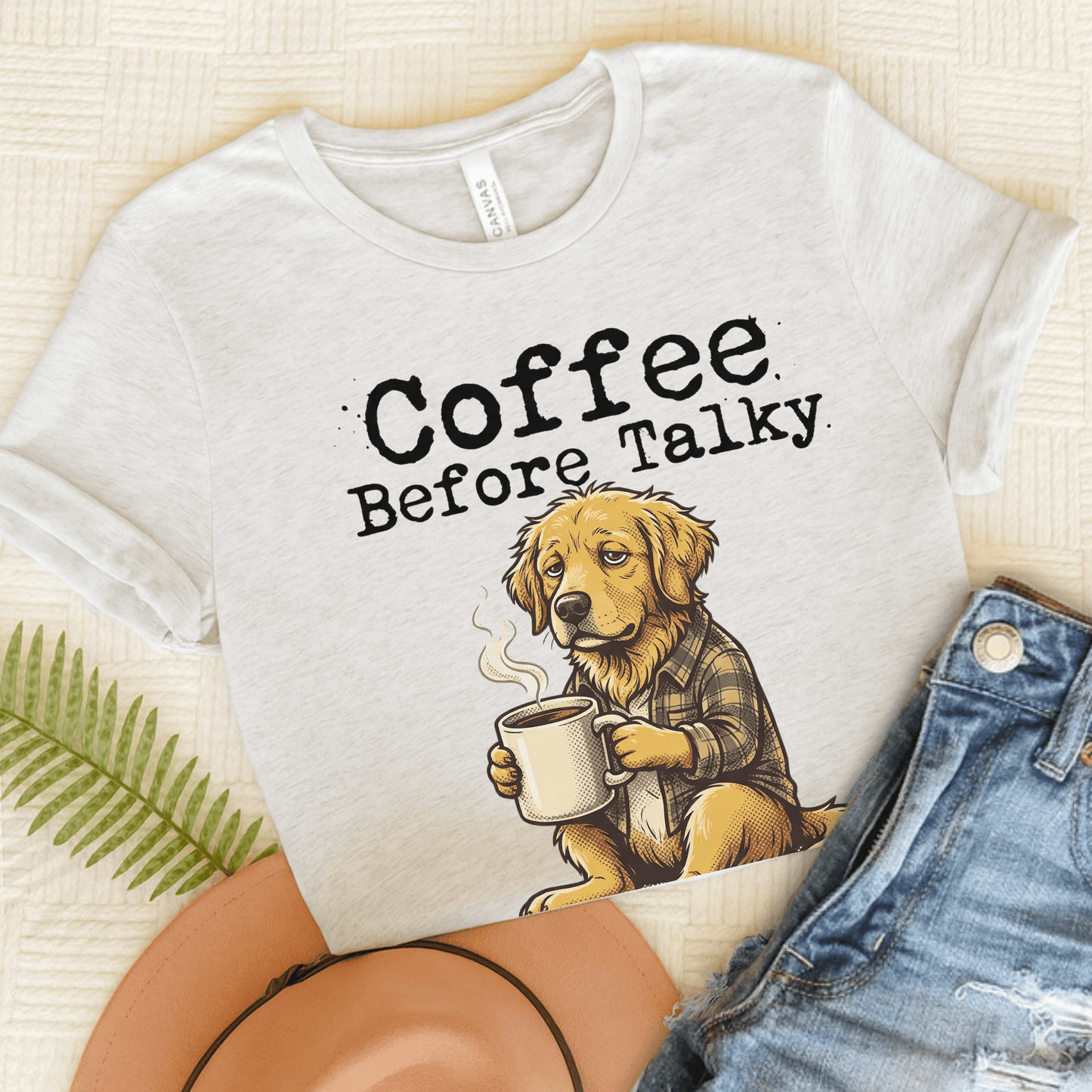 Golden Retriever Coffee Before Talky Unisex Tshirt Ash