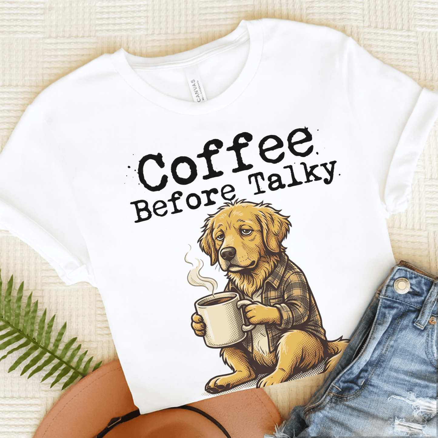 Golden Retriever Coffee Before Talky Unisex Tshirt White