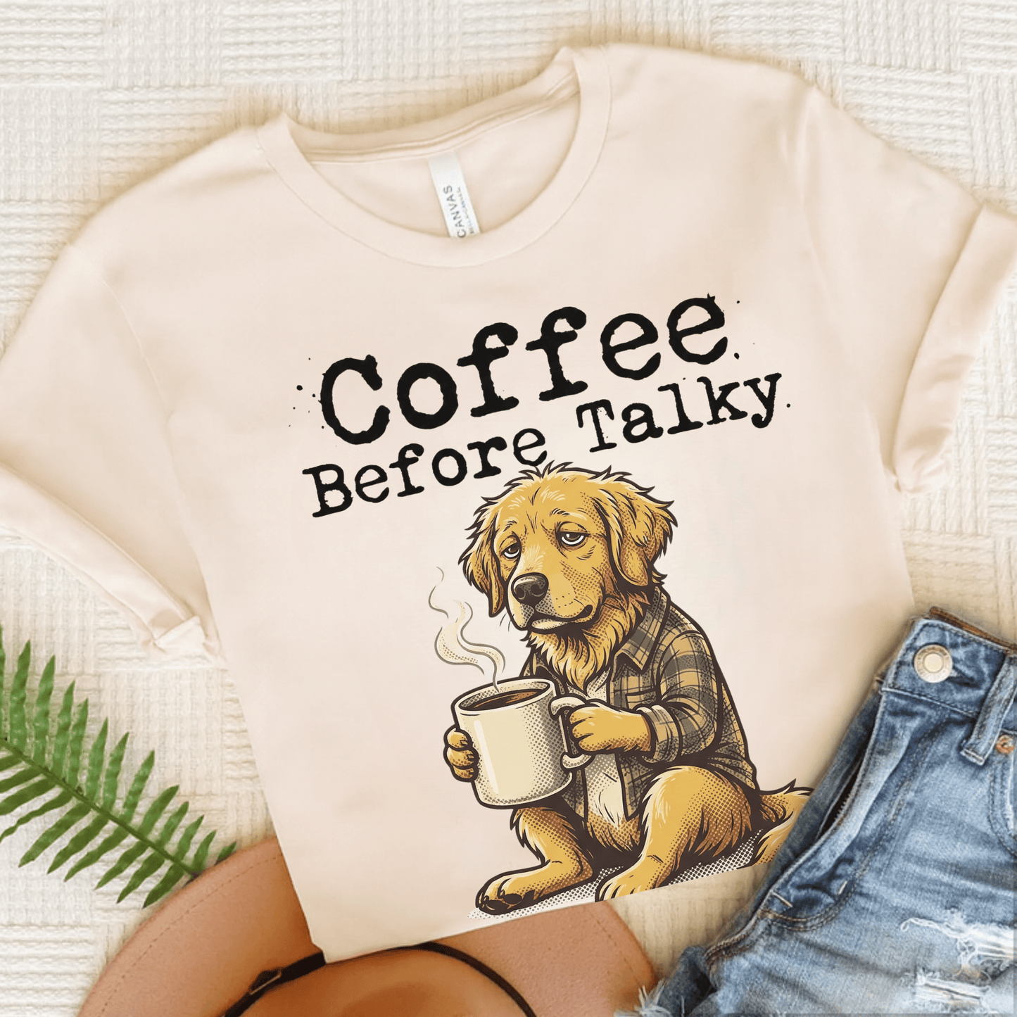 Golden Retriever Coffee Before Talky Unisex Tshirt Natural