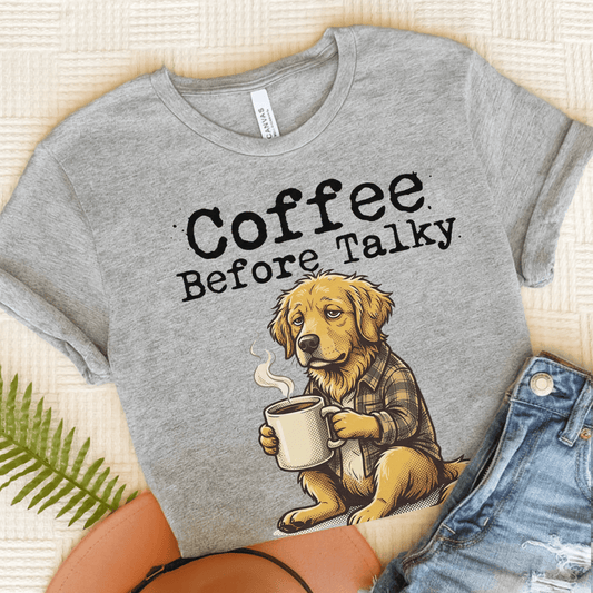 Golden Retriever Coffee Before Talky Unisex Tshirt Athletic Heather