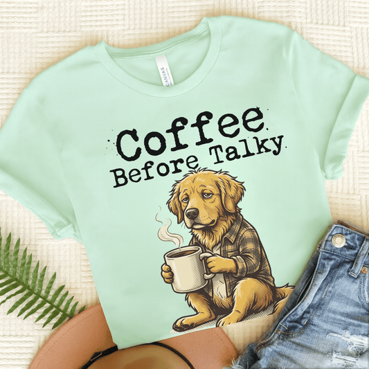 Golden Retriever Coffee Before Talky Unisex Tshirt Heather Mint