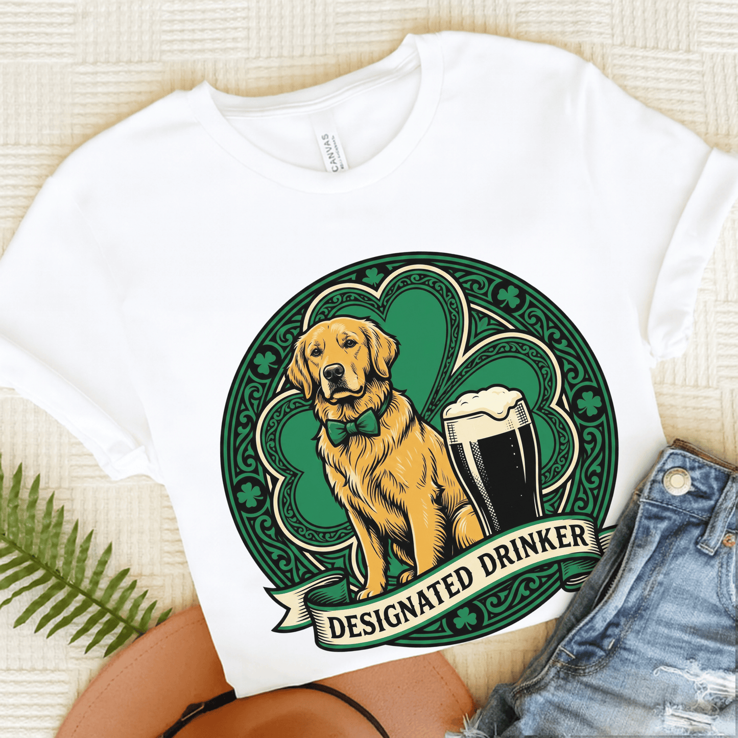 Golden Retriever Designated Drinker St Patricks Day Unisex TShirt White