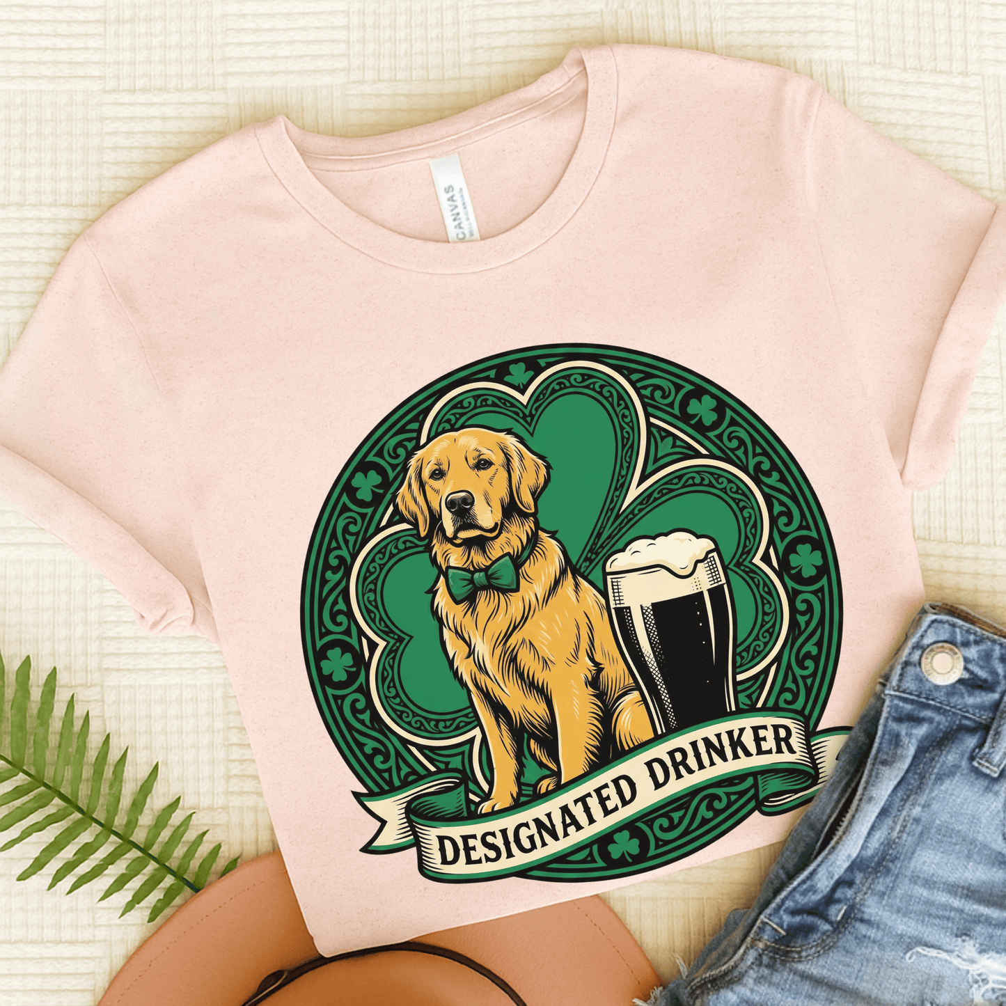 Golden Retriever Designated Drinker St Patricks Day Unisex TShirt Soft Pink