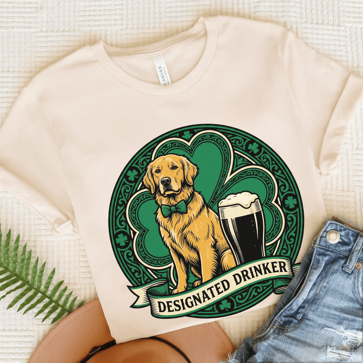 Golden Retriever Designated Drinker St Patricks Day Unisex TShirt Natural