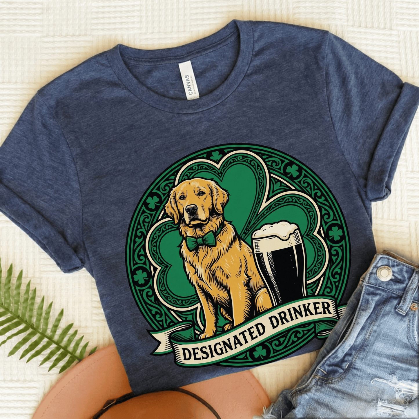 Golden Retriever Designated Drinker St Patricks Day Unisex TShirt Heather Navy