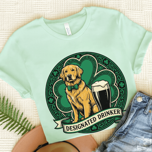 Golden Retriever Designated Drinker St Patricks Day Unisex TShirt Heather Mint